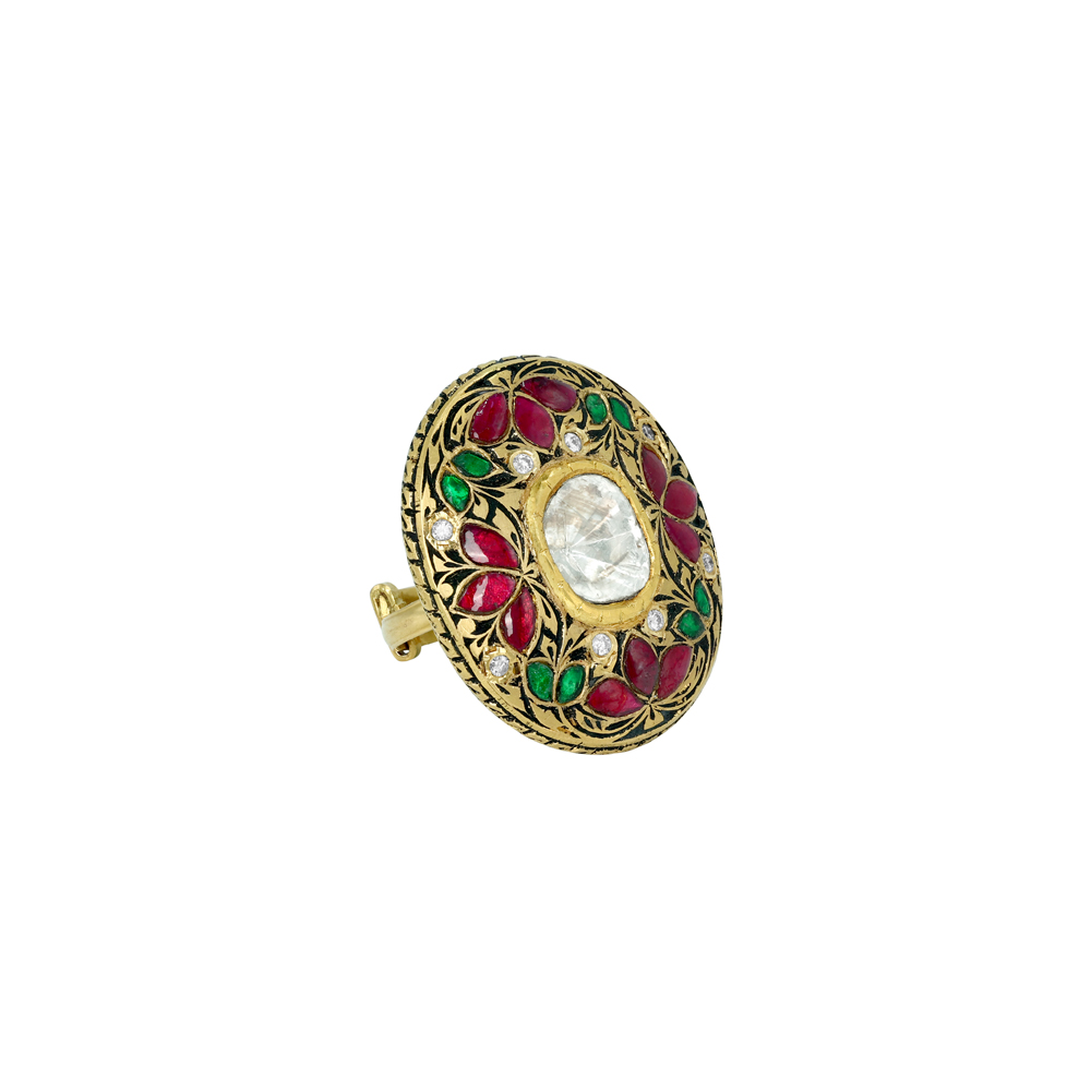 Polki Ring with Red and Green Talaf Floral Design